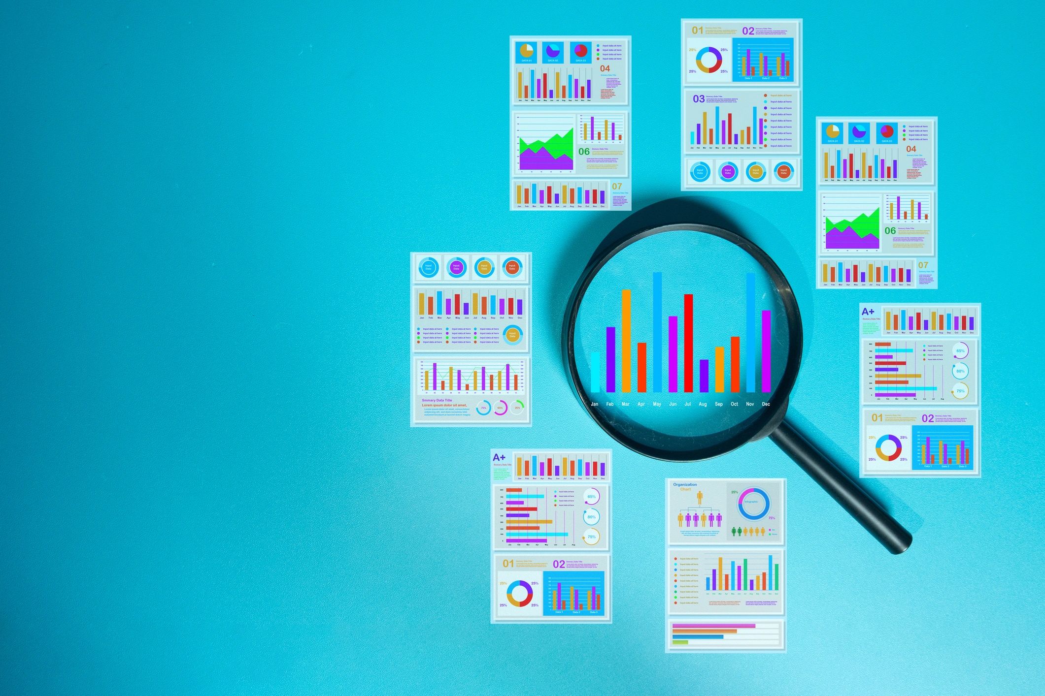Lupa analizando gráficos de datos sobre fondo azul